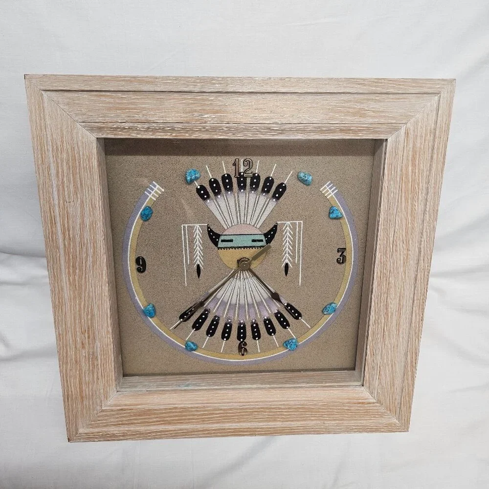 Navajo Sand Art painting Clock hand crafted w/ turquoise stones framed glass - Picture 1 of 15